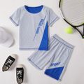 Letter Print Color Block Mesh Tee and Shorts Athletic Set for Toddlers / Kids Blue