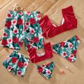 Floral Print Red Family Matching Swimsuits（2-piece Ruffle-sleeve Swimsuits for Mom and Girl ; Swim Trunks for Dad and Boy） Red
