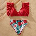 Floral Print Red Family Matching Swimsuits（2-piece Ruffle-sleeve Swimsuits for Mom and Girl ; Swim Trunks for Dad and Boy） Red