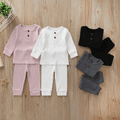 2pcs Baby Boy/Girl 95% Cotton Ribbed Long-sleeve Button Up Top and Pants Set White image 2