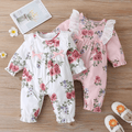 Floral Allover Bow and Lace Decor Long-sleeve Baby Jumpsuit White