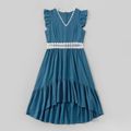 Blue Series Family Matching Sets(Ruffle Shoulder Lace Decor Irregular Hem Mini Dresses for Mommy and Me;Stripe Short Sleeve T-shirts With Pockets for Dad and Me) Blue
