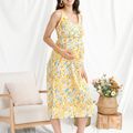 Maternity Vacation Print Deep V Neck Sleeveless Dress Yellow