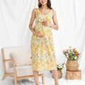 Maternity Vacation Print Deep V Neck Sleeveless Dress Yellow