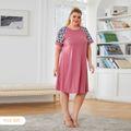 Leopard and Letter Print Splice Short-sleeve Matching Pink Midi Plus Size Dresses Pink