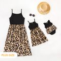 Leopard Print Splice Black Sling Dresses for Mommy and Me Apricot