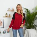Color Block Splice Round Neck Long-sleeve Pullover Burgundy image 2