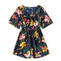 Allover Floral Print Cotton Short Sleeve Shorts Romper for Mom and Me Deep Blue