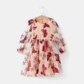 All Over Butterfly Embroidered Mesh Splice Lantern Long-sleeve Midi Dress for Mom and Me Light Red