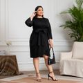 Women Plus Size Elegant Long-sleeve Belted Black Wrap Dress Black