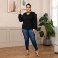 Women Plus Size Casual Beaded Cold Shoulder Hollow out Front Long-sleeve Black T-shirt Black