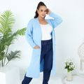 Women Plus Size Casual Open Front Midi Knit Blue Coat with Pocket Blue