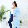 Women Plus Size Casual Open Front Midi Knit Blue Coat with Pocket Blue