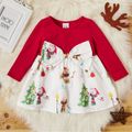 Christmas Baby Girl Solid Long-sleeve Spliced Print Bow Front Dress Red/White