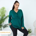 Women Plus Size Basics Surplice Neck Long-sleeve Dark Green T-shirt Dark Green