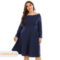 Women Plus Size Elegant Off Shoulder Wavy Edge Long-sleeve Azure Midi Dress Azure
