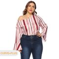 Women Plus Size Elegant Striped Flounce One Shoulder Bell sleeves Blouse Red/White