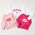 Letter and Lips Print Solid Long-sleeve Sweatshirts Pullover for Mom and Me Multi-color