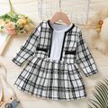 2-piece Toddler Girl Long-sleeve White Plaid Tweed Stitching Dress and Cardigan Set Black/White image 1