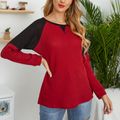 Color Block Splice Round Neck Long-sleeve Pullover Burgundy image 3