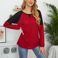 Color Block Splice Round Neck Long-sleeve Pullover Burgundy image 5