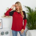 Color Block Splice Round Neck Long-sleeve Pullover Burgundy image 1