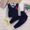 2-piece Toddler Boy Plaid Lapel Collar Bow tie Design Long-sleeve Vest Embroidered Faux-two Top and Elasticized Pants Set Dark Blue