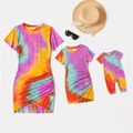 Tie Dye Print Short-sleeve Bodycon Mini Dress for Mom and Me Multi-color
