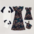 Leaves Print Family Matching Sets( Flutter-sleeve Belted Midi Dresses and Short Sleeve T-shirts) Royal Blue