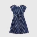 Blue Polka Dot Family Matching Sets（ Belted Midi Dresses and Raglan Short-sleeve T-shirts） Deep Blue