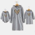 Leopard Love Heart Print Grey Long-sleeve Hoodie Dress for Mom and Me Grey