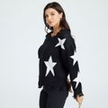 Tassel Trim Stars Print V-neck Long-sleeve Sweater Black