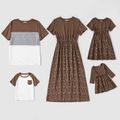 Coffee Floral Print Family Matching Sets(Splicing Coffee Short-sleeve Dresses and Colorblock T-shirts) Coffee