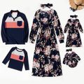 Family Matching All Over Floral Print V Neck Long-sleeve Dresses and Color Block T-shirts Sets Dark Blue