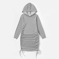 Solid Grey Long-sleeve Hooded Ruched Slim Midi Dress for Mom and Me Dark Grey