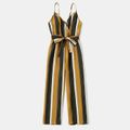 Yellow Striped Cotton Belted Sleeveless Cami Jumpsuits for Mom and Me Yellow