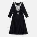 Family Matching Lace Splicing Black V Neck Long-sleeve Belted Midi Dresses and Striped T-shirts Sets Black/White