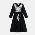 Family Matching Lace Splicing Black V Neck Long-sleeve Belted Midi Dresses and Striped T-shirts Sets Black/White