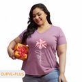 Women Plus Size Graphic Floral and Letter Print V Neck Short-sleeve Tee Lavender image 1