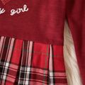 Kid Girl Christmas Letter Print Sequined Heart Pattern Red Plaid Stitching Long-sleeve Dress Red