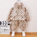 2pcs Letter and Cartoon Mice Allover Stand Collar Long-sleeve Top and Pants Khaki or Coffee Toddler Set Khaki