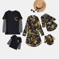Chain Print Family Matching Sets(Black Belted Shirt Dresses and Striped Long-sleeve Faux-two T-shirts) Black