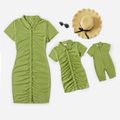 100% Cotton Solid Green Lapel Button Short-sleeve Ruched Bodycon Dress for Mom and Me Pale Green image 1