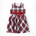 Red and White Plaid Print Long-sleeve Family Matching Sets(Sleeveless Dresses and Front Button Shirts) Red/White