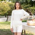 White Cable Knit Long-sleeve Crewneck Sweatshirts with Shorts for Mom and Me White