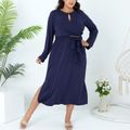 2-piece Women Plus Size Elegant Hollow out Front Tie Back Long-sleeve Top and Side Slit Skirt Set Deep Blue
