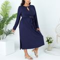 2-piece Women Plus Size Elegant Hollow out Front Tie Back Long-sleeve Top and Side Slit Skirt Set Deep Blue