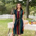 Colorblock Striped Short-sleeve Family Matching Sets(Belted Midi Dresses and T-shirts) Multi-color image 3