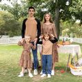 Brown Series Long-sleeve Family Matching Sets(Polka Dot V Neck Belted Midi Tiered Dresses and Long Sleeve T-shirts) Brown