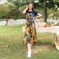 100% Cotton Tie Dye Splicing Short-sleeve Family Matching Sets（ Belted Midi Dresses and Colorblock T-shirts） Yellow